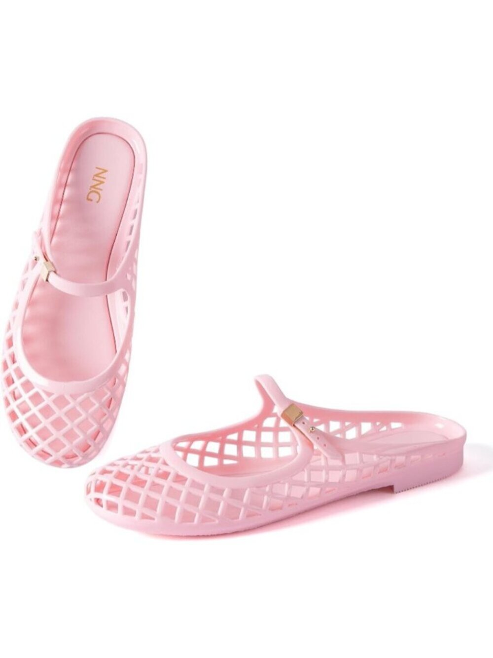 Women's Pink Mary Jane Jelly Mule Flat Adjustable Buckle Strap Sandals